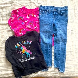 Bundle of 2 unicorn sweaters and 1 jeans, size 5T